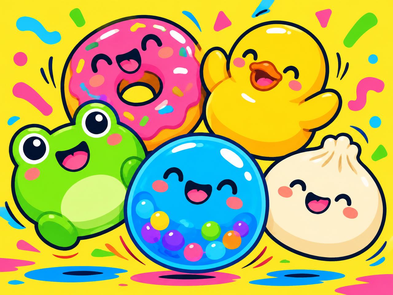 A bouncing pile of colourful squishy toys
