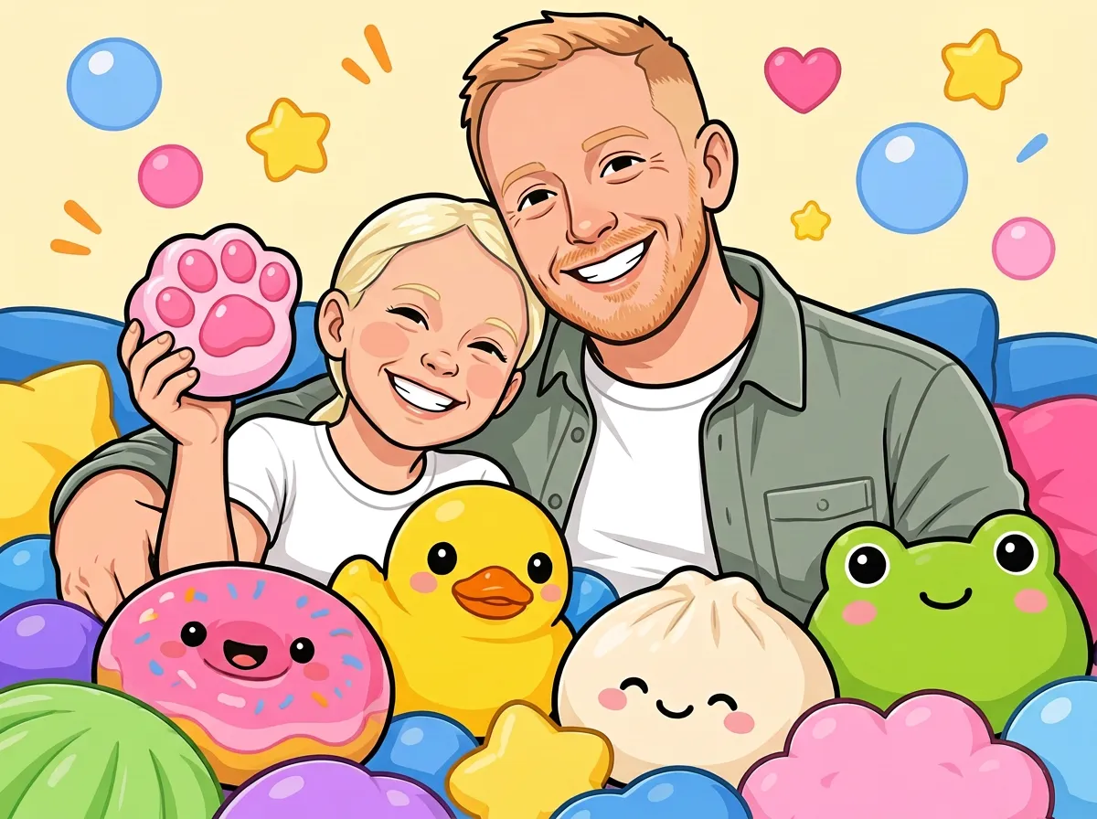 Cartoon illustration of a dad and his young daughter sitting together behind a pile of colourful squishy toys